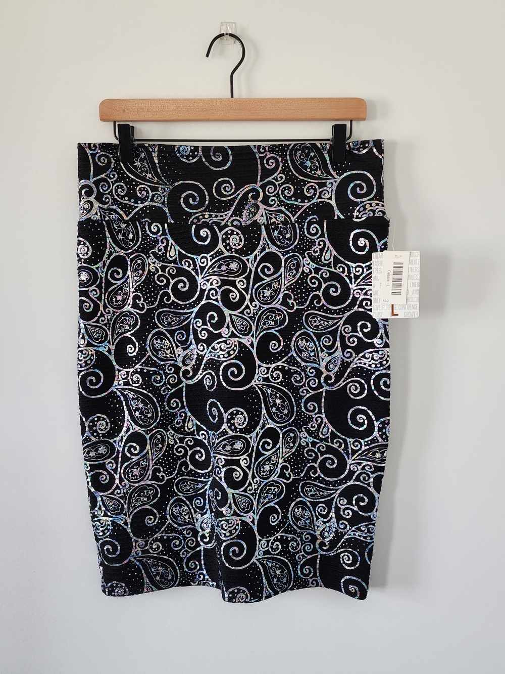 LulaRoe Cassie Pencil Skirt Large Black Holographic Iridescent Paisley NWT